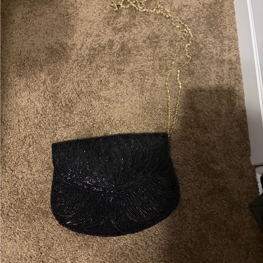 La Regale Black Beaded Evening Clutch with Gold Chain